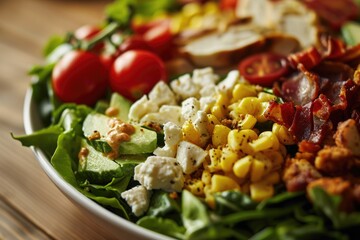Poster - A plate of salad with chicken, corn, tomatoes, and lettuce. Perfect for healthy meal options and food blogs