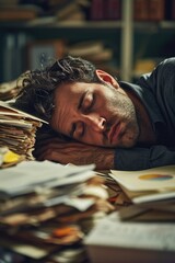 Aufkleber - A man is seen sleeping on a desk with a pile of papers. This image can be used to depict tiredness, overwork, or the need for rest in a busy work environment