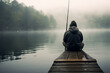 Visualize a person sitting on a dock by a serene lake - a fishing rod in hand - but displaying an expression of disinterest and boredom - with the calm water providing a tranquil backdrop.