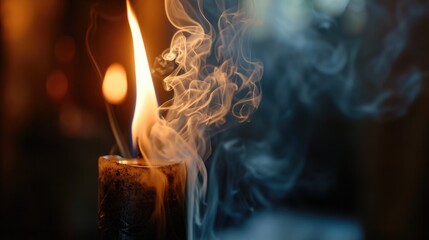 Poster - A lit candle with smoke rising from it. Perfect for creating a cozy atmosphere or symbolizing hope and tranquility