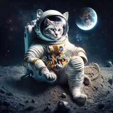 An Astronaut Cat  In A White Suit On A Rocky Planet With A Starry Sky And A Nebula In The Background.