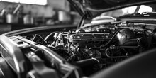 A Black And White Photo Of A Car Engine. Suitable For Automotive Enthusiasts And Mechanics
