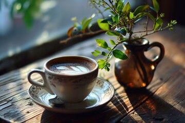 Poster - A cup of coffee and a vase of flowers placed on a saucer. Perfect for adding a touch of elegance to any setting