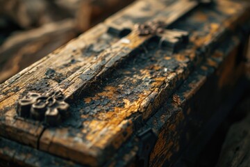 Poster - A close-up view of a wooden box placed on a bed. This image can be used to depict storage, organization, or interior design concepts