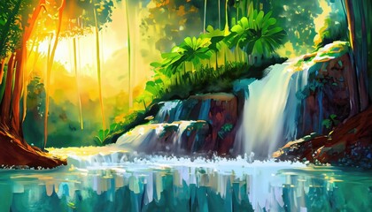 Wall Mural - Waterfall green tropical forest nature blurred gold background