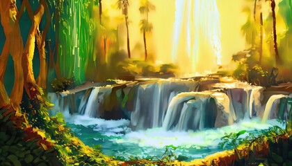 Wall Mural - Waterfall green tropical forest nature blurred gold background