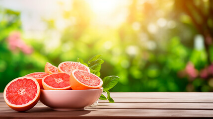 Wall Mural - Grapefruits in a bowl against the backdrop of the garden. Selective focus.