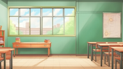 Wall Mural - Empty school classroom and green chalkboard with empty space. Cartoon or Japanese anime watercolor painting illustration style.