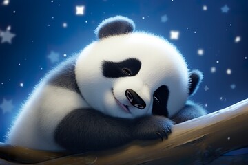 Poster - Baby panda sleeping, with stars on the dreamy background