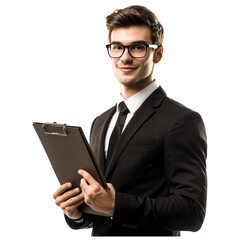 Aufkleber - Young positive caucasian businessman holding clipboard