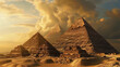 Dynamic clouds rushing over the tops of the pyramids, creating a constantly changing picture