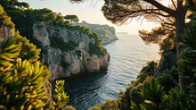 Photos Of The Bay Framed By Cliffs And Green Trees, With The Soft Light Of The Evening Sun, Gives