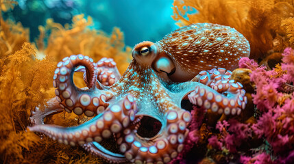 Wall Mural - Photo of an octopus, all in colors, against the background of colorful corals, like painting embod