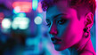 © JVLMediaUHD - The female image in neon colors, with a beautifully emphasized haircut against the background of a