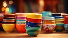Colorful ceramic cups stacked in a vibrant display