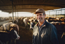 A Farmer In His Fifties Stands Among His Cows In The Barn, Smiling At The Camera. Generative Ai