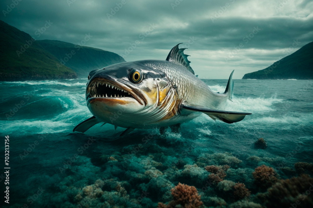 underwater landscape, a predator fish jumps out of the water Stock ...
