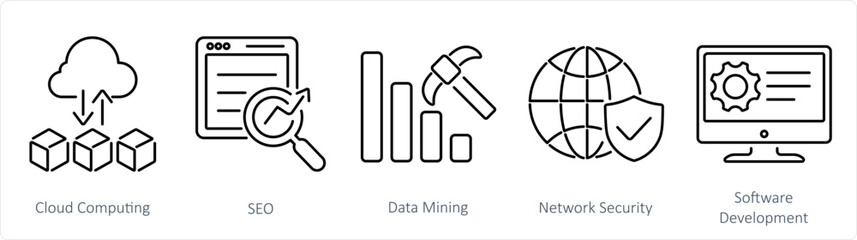 A set of 5 Hard Skills icons as cloud computing, seo, data mining