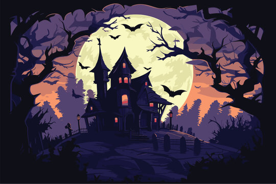 Halloween castle at sunset with bats flying, Haunted house in the woods