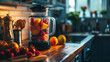 Modern blender filled with colorful fruits on a kitchen counter at sunrise