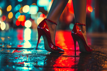 Legs Of A Beautiful Girl Wearing Red High Heels At Night And Sign Glowing