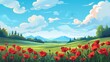 Poppy field landscape illustration in cartoon style. Scenery abstract background for game
