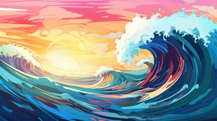 Wall Mural - Big sea wave, tsunami landscape illustration in cartoon style. Scenery background for game
