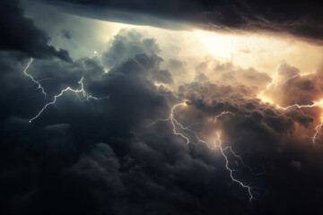 Wall Mural - beautiful stormy sky with lightning and dark cumulus clouds aerial view for abstract background