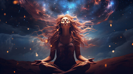 Wall Mural - A woman meditates, enveloped by cosmic energy. Her flowing hair and dress echo the swirling galaxies around her, symbolizing harmony with the universe. Ideal for wellness and spirituality themes