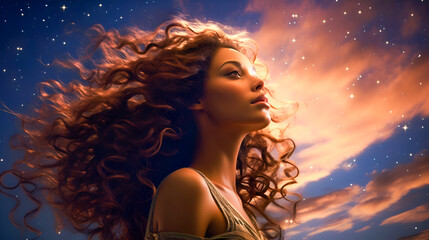 Wall Mural - a portrait of an African-American woman with hair blown by the wind, against the backdrop of an endless universe, symbolizing her deep inner peace, peace of mind. copy space