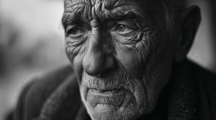Wall Mural - black and white photo of a person with wrinkles and eyes