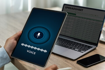 Poster - A voice recording man holding his smartphone screen generates AI technology for language and communication in a mobile application. Record sound