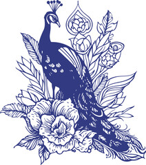 Wall Mural - Peacock with flowers line art