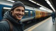 Smiling caucasian man wearing a beanie and backpack at a train station with blue trains in the background.