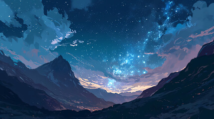 Digital Art of Cosmic Night Sky Over Mountain Landscape
