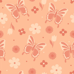 Wall Mural - Butterfly seamless pattern in trendy peach colors. Vector graphics.