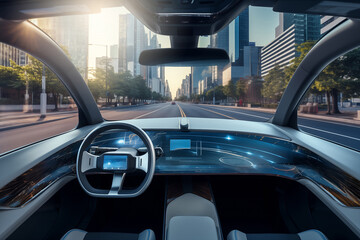 Poster - Autonomous self-driving futuristic car without driver. First-person view