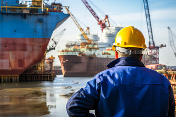 Wall Mural - Workers in a shipyard and a ship under construction