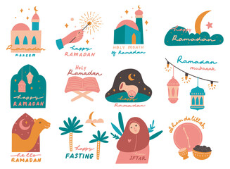 Set ramadan sticker in flat style doodle illustration, eid al fitr greeting card design elements 