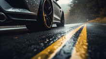 Closeup Of A Car With Leaves Stuck On Wheels On A Wet Road In The Autumn