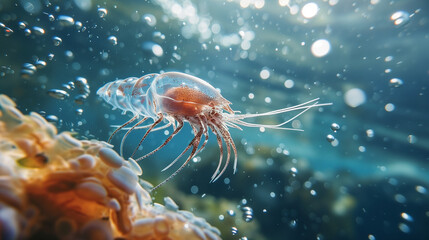 Wall Mural - Close-up of a swimming amphipod in blue sea.