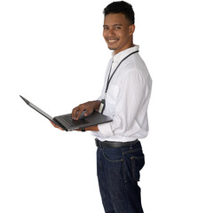 close up young indian manager asian network engineer hold laptop and type while looking on transparent background for png design as business and working people concept