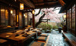 Traditional Japanese tearoom with tatami mats, low wooden table, and sliding shoji doors, showcasing a peaceful cherry blossom mural