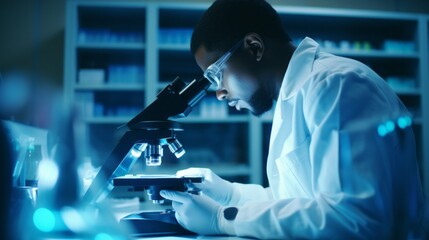 Aufkleber - Portrait of a black male scientist looking under a microscope analyzing samples in a modern medical laboratory. Concepts of healthcare, microbiology, biotechnology.