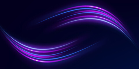 Wall Mural - Light trail wave effect. Abstract motion lines, glowing headlights and optical fiber, PNG glow curve swirl, road car headlights and glowing white speed lines on a swirl light on the road.