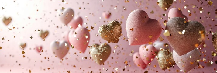 Floating Pink and Gold Hearts on a Soft Pink Backdrop for Love Themed Events and Valentine's Greetings