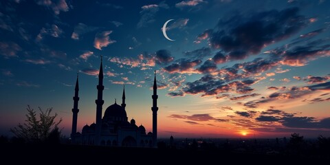 Wall Mural - Muslim mosque silhouette and the moon in the night sky. Ramadan festive, islam religion