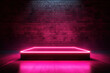 square stand with glowing pink neon on brick wall background