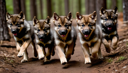  A group of wolf pups running through a forest. Wild animals escape forest fire.