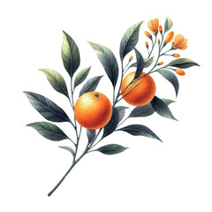 watercolor orange branch. watercolor beautiful aselsin branch with fruits